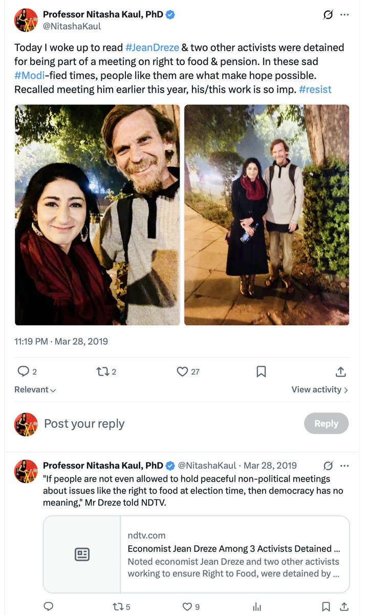 NitashaKaul's tweet photo. Jean Dreze is an admirable scholar-economist-activist who has worked on some of the most urgent and important issues of #poverty, #hunger, #rights for decades. Today, he was picked up by Delhi police &amp; asked where he was from by some Indian media. 
#democracy #CJP #India #Modi https://t.co/hwnRiT9yVR