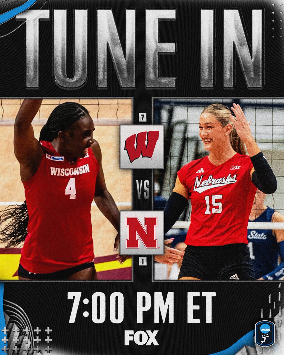 NCAAVolleyball's tweet photo. 🏐 TUNE IN 🏐

No. 7 @BadgerVB 
🆚
No. 1 @HuskerVB 

⏰ 7:00 PM ET
📺 FOX

#NCAAWVB https://t.co/FP6nU0HTwO