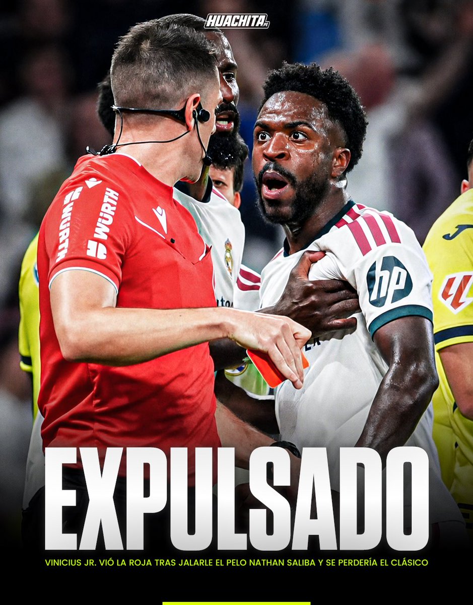 huachitape's tweet photo. 𝗩𝗜𝗡𝗜𝗖𝗜𝗨𝗦 𝗗𝗘𝗟 𝗚𝗢𝗟 𝗔 𝗦𝗘𝗥 𝗘𝗫𝗣𝗨𝗟𝗦𝗔𝗗𝗢 🤯🟥🇧🇷
—
Vinicius volvía a marcar tras más de un mes, pero el VAR vio un jalon de pelo a un jugador del Villarreal el Gol fue anulado y TARJETA ROJA para el brasileño. Se podría perder el Clásico ⚠️
—
#expulsado #vinijr https://t.co/5rWR8eqzJK