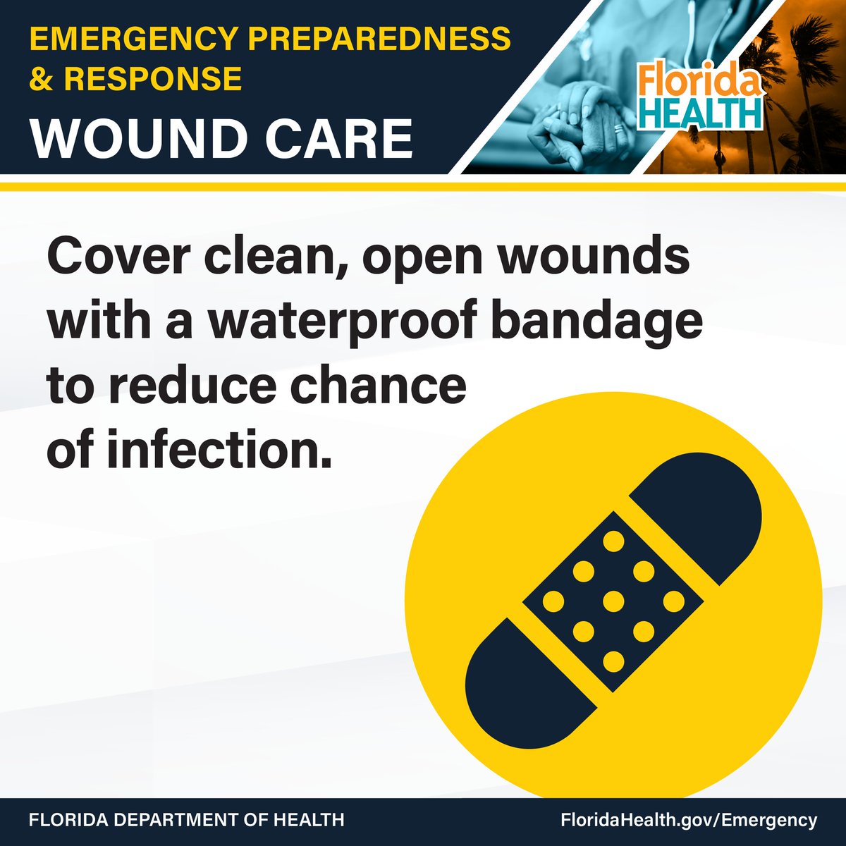 HealthyFla's tweet photo. Floodwaters can pose serious health risks, including exposure to Vibrio vulnificus, a bacterium found in warm, brackish seawater that can cause severe, potentially life-threatening infections.

➡️ Avoid contact with floodwaters and standing water, especially if you have cuts, scratches, or open wounds.
➡️ Cover open wounds with waterproof bandages to help prevent exposure to bacteria.
➡️ Thoroughly wash wounds with soap and clean, running water after potential exposure.

⚠️ Seek immediate medical attention if a wound develops redness, swelling, drainage, or increasing pain, or if you experience fever or other signs of serious illness.

Vibrio vulnificus is not spread person-to-person. Infections may be severe for people with weakened immune systems, especially people who have chronic liver disease or take medications that lowers the body’s ability to fight germs.