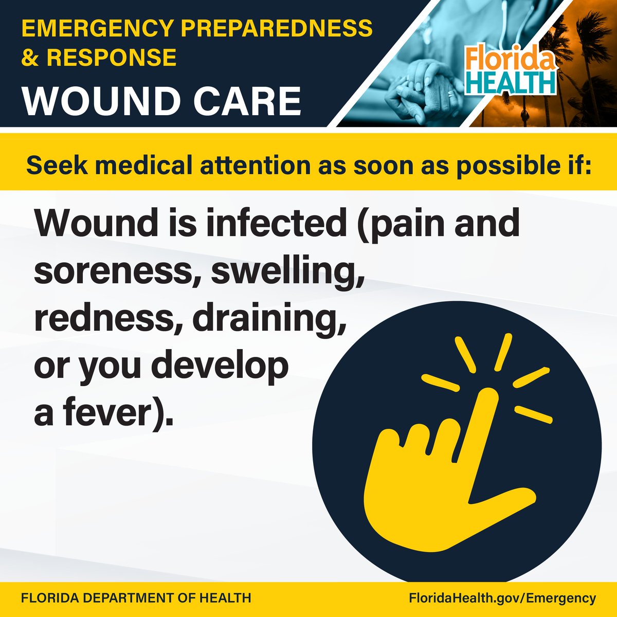 HealthyFla's tweet photo. Floodwaters can pose serious health risks, including exposure to Vibrio vulnificus, a bacterium found in warm, brackish seawater that can cause severe, potentially life-threatening infections.

➡️ Avoid contact with floodwaters and standing water, especially if you have cuts, scratches, or open wounds.
➡️ Cover open wounds with waterproof bandages to help prevent exposure to bacteria.
➡️ Thoroughly wash wounds with soap and clean, running water after potential exposure.

⚠️ Seek immediate medical attention if a wound develops redness, swelling, drainage, or increasing pain, or if you experience fever or other signs of serious illness.

Vibrio vulnificus is not spread person-to-person. Infections may be severe for people with weakened immune systems, especially people who have chronic liver disease or take medications that lowers the body’s ability to fight germs.