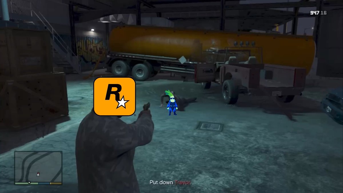 A screenshot from a Grand Theft Auto game showing the Rockstar Games logo overlaid on a scene where a character is instructed to 'Put down Trevor.'