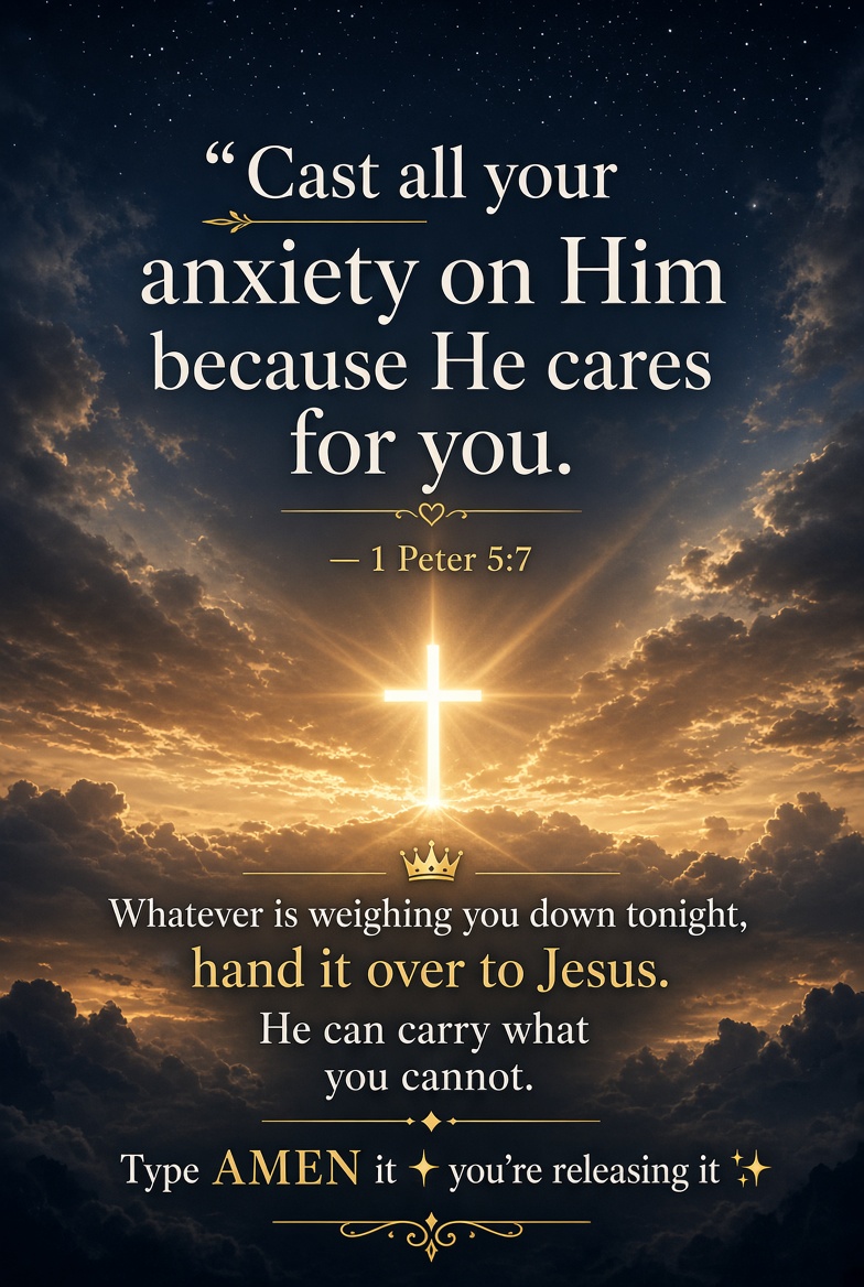 IRE1749937's tweet photo. "A Quick REMINDER FAMILY"👇🏻👇🏻

“Cast all your anxiety on Him because He cares for you.” — 1 Peter 5:7

Whatever is weighing you down tonight, PRAY &amp;
hand it over to JESUS 👑🙏🏻

He can carry what you cannot.🫶🏻✨

Type AMEN if you’re releasing it ✨ https://t.co/qP5g0LYAD7