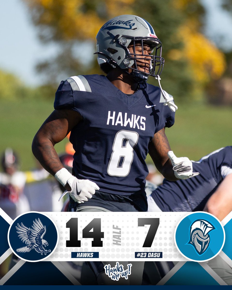 BlueHawkFB's tweet photo. A great second quarter has us in front of No. 23 Dakota State at the half!

#HawksAreUp https://t.co/FSuYzfX8co