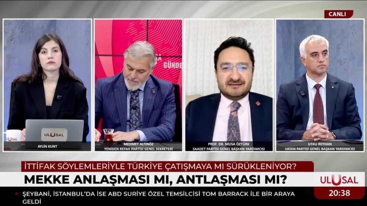 AydinlikGazete's tweet photo. Mekke İttifakı’na üç partiden uyarı: ‘Kesinlikle hayır denmesi lazım’

Ulusal Kanal’da Ankara Gündemi programına katılan Vatan Partisi, Saadet Partisi ve Yeniden Refah Partisi yöneticileri Mekke Ortak Savunma Anlaşması’nı eleştirdi. Vatan Partisi Genel Başkan Yardımcısı Utku Reyhan, “Tezkere geldiği zaman kesinlikle hayır denmesi lazım.” çağrısında bulundu.