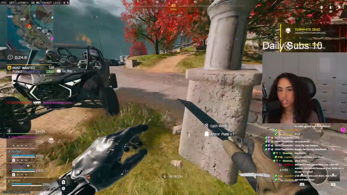 A Twitch livestream of a first-person shooter game featuring a streamer in a facecam, with a 'Daily Subs: 10' counter and an active chat discussing gameplay.