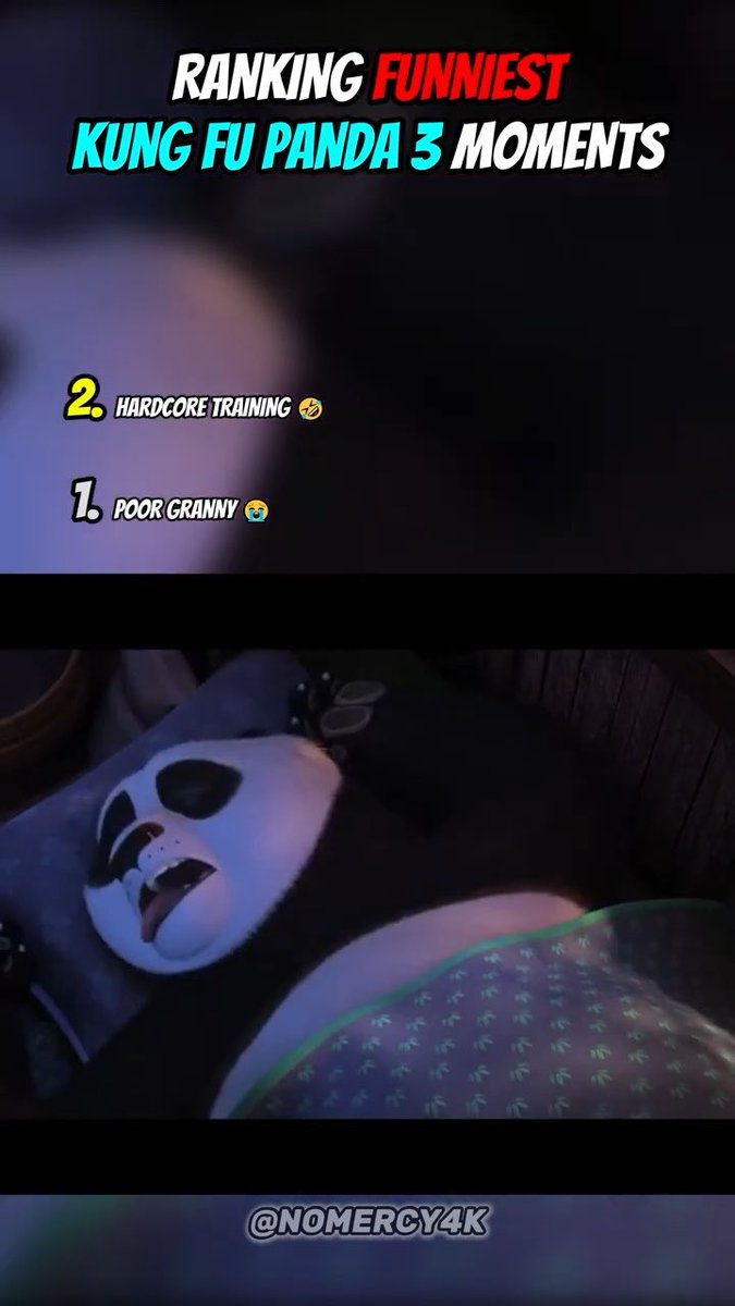 A split-screen image titled "RANKING FUNNIEST KUNG FU PANDA 3 MOMENTS" showing scenes from the animated movie, with rankings 2. HARDCORE TRAINING and 1. POOR GRANNY, by @NOMERCY4K.