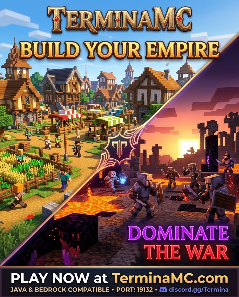 mc_termina's tweet photo. Are you a peaceful builder or a ruthless conqueror? 🏰⚔️ On Termina, you can choose either!

Join today and say hi!
🎮 Java &amp; Bedrock Crossplay
🌐 IP: https://t.co/dJ0hbh4QH4
💬 https://t.co/uGeay8WofP
#Minecraft #MinecraftServer #Towny #MinecraftSMP #MinecraftSurvival https://t.co/HcDAzCAfpU