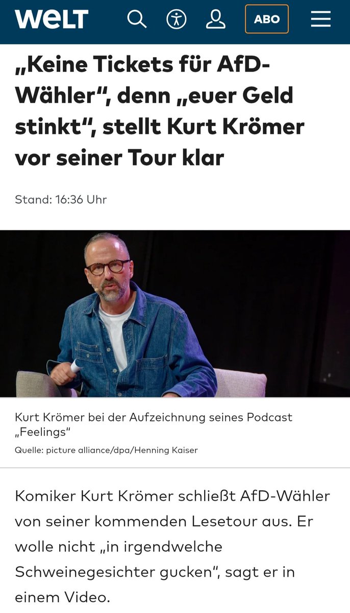 LilitThyra's tweet photo. Der Komiker Kurt Krömer möchte auf seiner Tour nicht in die Schweinegesichter von uns AfD-Wählern schauen müssen und außerdem stinkt unser Geld!
Dann hoffe ich doch, dass das auch jeder AfD-Wähler zur Kenntnis nimmt!

Was für ein ekelhafter Mensch!
Hass, Spaltung, Entmenschlichung... widerlich!