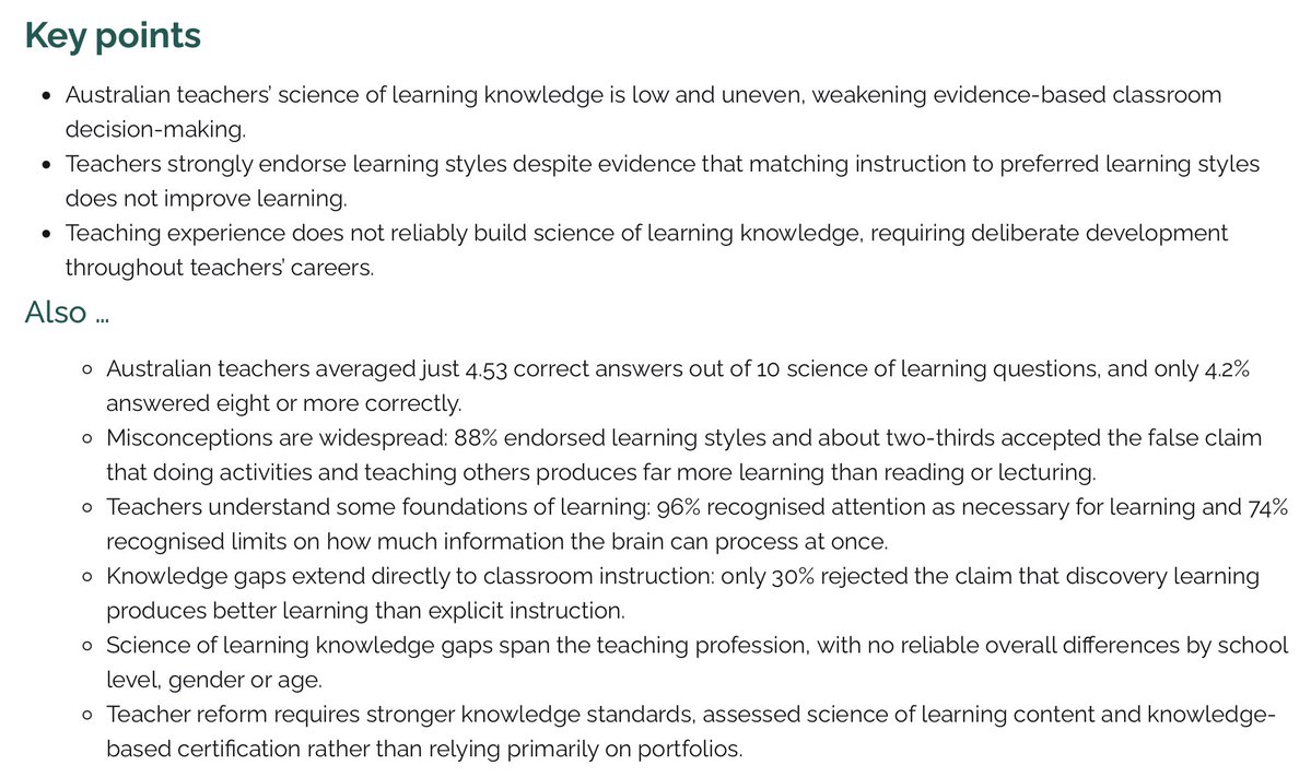 rastokke's tweet photo. 💡A survey of Australian teachers found 88% believe in the learning styles myth, 38% believe students learn better through discovery than explicit instruction, 41% believe testing tends to detract from learning.

If you're taught neuromyths about learning from someone who is supposed to be an expert, you'll likely believe them. 

The report rightly recommends strengthening initial teacher education, among other things.
https://t.co/fncYBTWDhY
