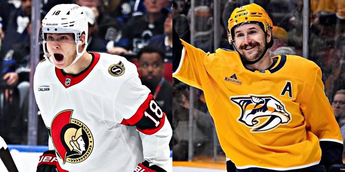 Ottawa Senators player #18 celebrates alongside Nashville Predators alternate captain (A) during a recent matchup, illustrating the historic rivalry referenced in the post about the Predators' recent success against the Senators heading into tonight's game in Ottawa.
