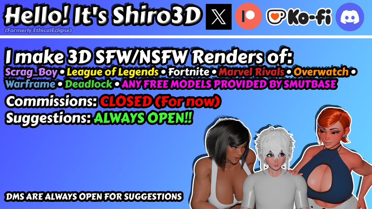 Shiro3D_'s tweet photo. RTs appreciated 💜

Hello (Again)
Big thanks to everyone who has been showing support lately! Slight "rebrand" but nothing has changed.

Love you all!

#Artistofx #Blender #NSFW #Artmoots #rule34 https://t.co/yNZJYUpCok