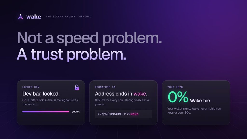 WakeLaunch's tweet photo. Launching a coin is not a speed problem. It is a trust problem.

Wake fixes it at the source.
Dev bag locked on Jupiter Lock, same signature.
A contract address that ends in wake.
0% Wake fee. Your keys never leave your wallet.

Launch a coin. Leave a wake. https://t.co/LMuN3EXYZy