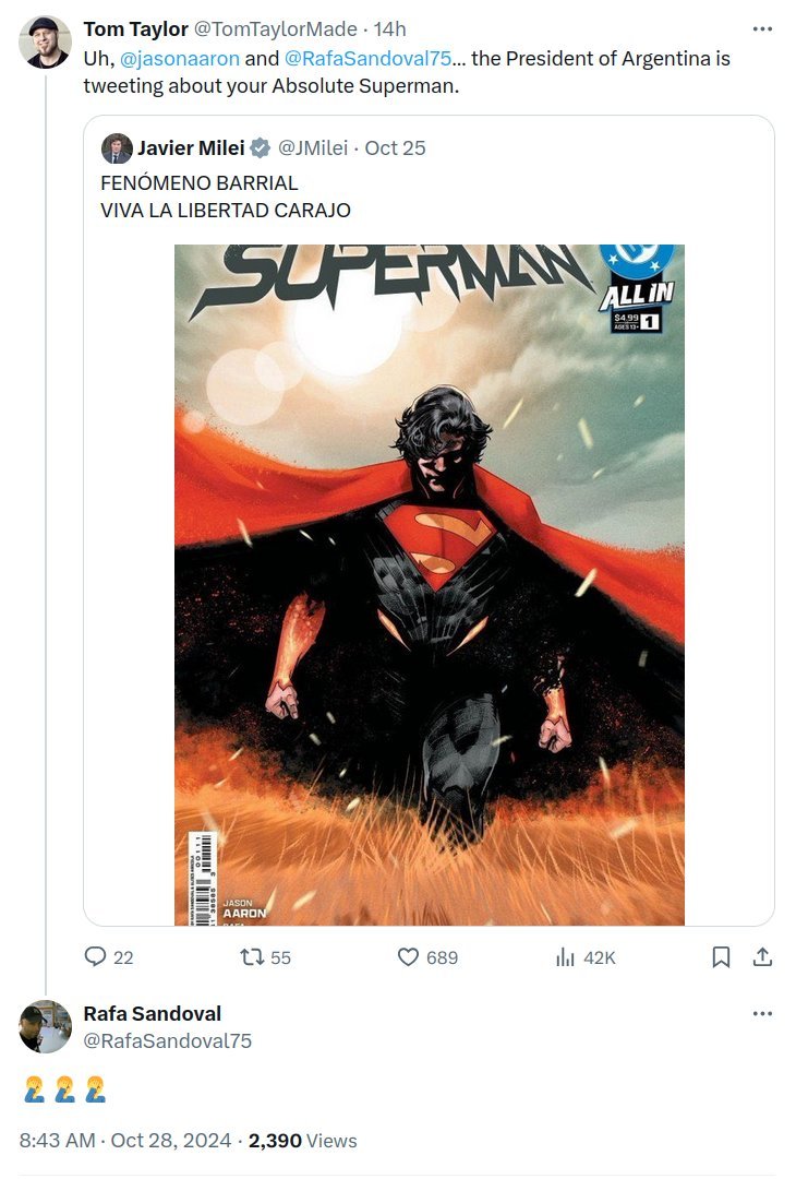 otakubord's tweet photo. En un dia compre y lei el primer tomo de Absolute Superman. Por favor, PAPA FINA.

pd: dejo este hermoso momento donde el ilustrador se burla de milei https://t.co/UDzh1p4Hlk