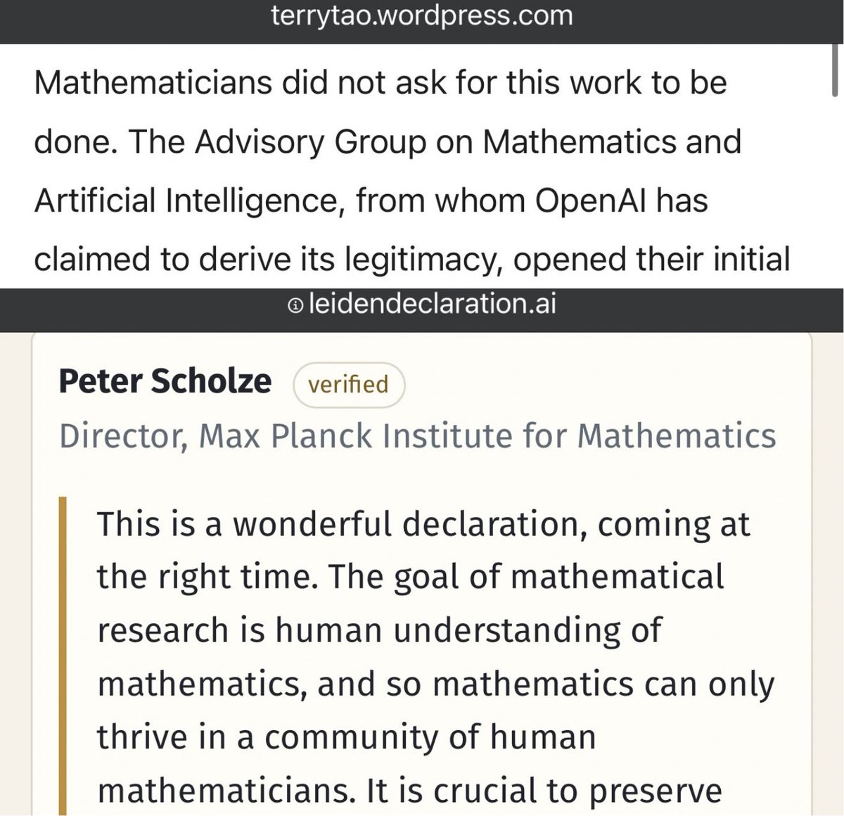 imagine dying from cancer because AI found a cure but doctors protested, saying:
> doctors did not ask for this work to be done.
> the goal of medical research is human understanding of medicine, not just discovering cures.
isn’t understanding new math literally your job?