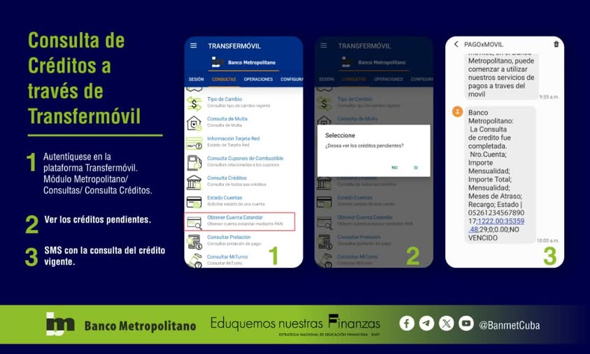 BanMetCapital's tweet photo. El Sistema Bancario para ayudarte en tu gestión personal y laboral, te informa como consultar los créditos a través de Transfermóvil de forma cómoda y segura. En #Banmet30Años Seguimos #SirviendoYCreandoValor @BancoCentralCub @YelegnyFC #FelicidadesMañanaDiaTrabajadorBancario https://t.co/vdCzXiWBle