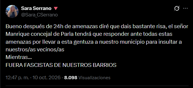 leonacoraje's tweet photo. Te retrataste tú solita... No te conocía y ahora sé quien eres por tu comportamiento. ¿No te da vergüenza? Amenazas, insultas y echas a las personas de la calle pública. No eres nadie, Parla no es tu cortijo, señoritinga...
#Podemos #SaraSerrano #IzquierdaFranquista https://t.co/TS8sO8AIgw