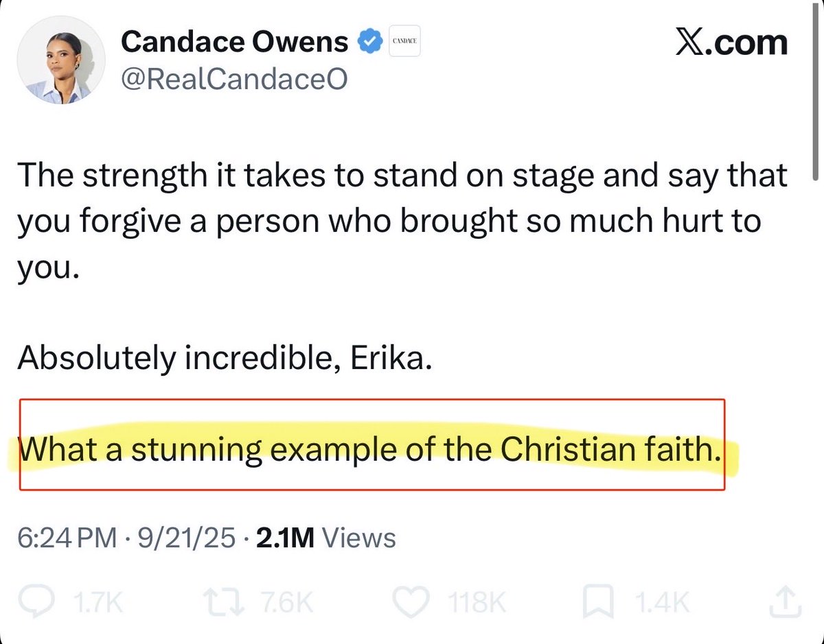 thevivafrei's tweet photo. Holy hell, I could not believe these tweets were real. 

They are real.

I would have quote-posted them, but “truth-seeker” @RealCandaceO has me blocked. As do her other “truth seeking” brethren of scoundrels. 

I guess she tweeted these when she thought Erika Kirk was going to appoint her CEO of TPUSA.

Praising Erika for embodying the principles of the Christian faith in her forgiveness, only to then invoke her forgiveness as “evidence” of her of participating in a cover-up. 

Candace is truly a disgusting human to her core.