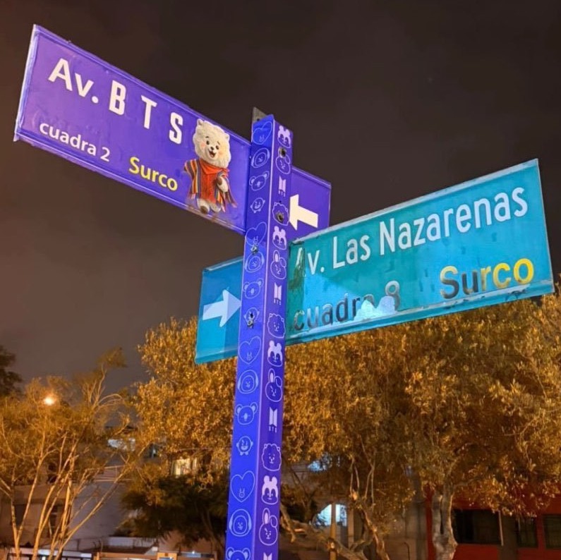 TheePopCore's tweet photo. The city of Lima, Peru, honors BTS by temporarily renaming Sacramento Street to “BTS Avenue” from October 5–11 ahead of their SOLD-OUT concerts. https://t.co/y8PigAnrv4