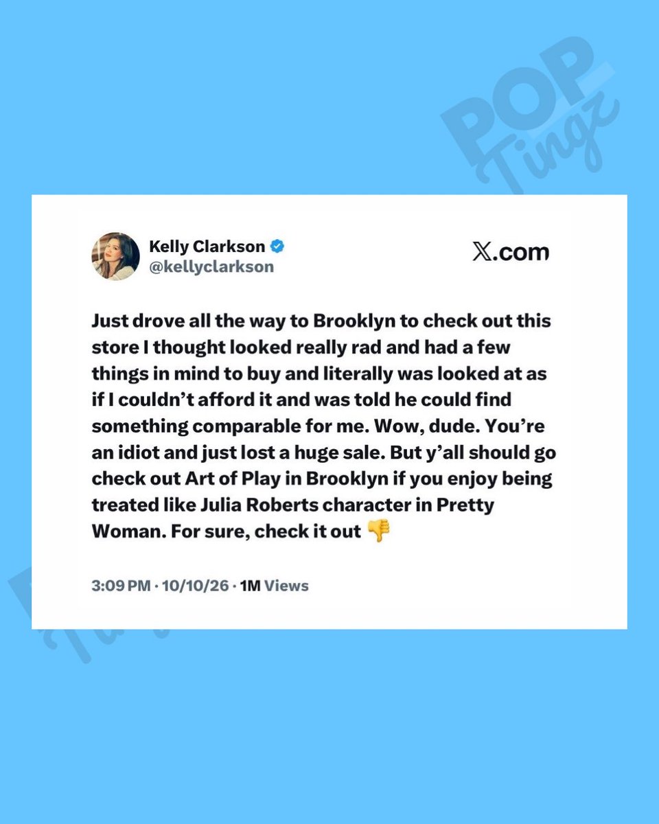 PopTingz's tweet photo. Kelly Clarkson calls out a Brooklyn department store for their mistreatment and refusal to service her. https://t.co/wpAtlGc2Te