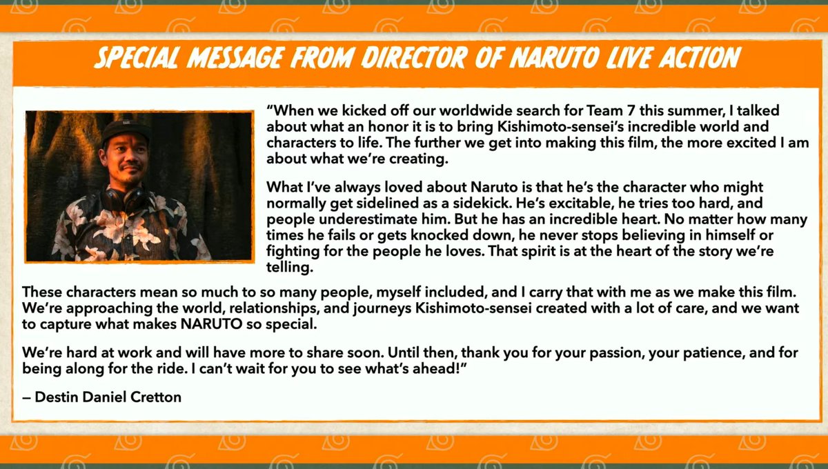 animeupdates's tweet photo. Live-action 'NARUTO' Special message by director Destin Daniel Cretton! https://t.co/tw16fjdiNZ