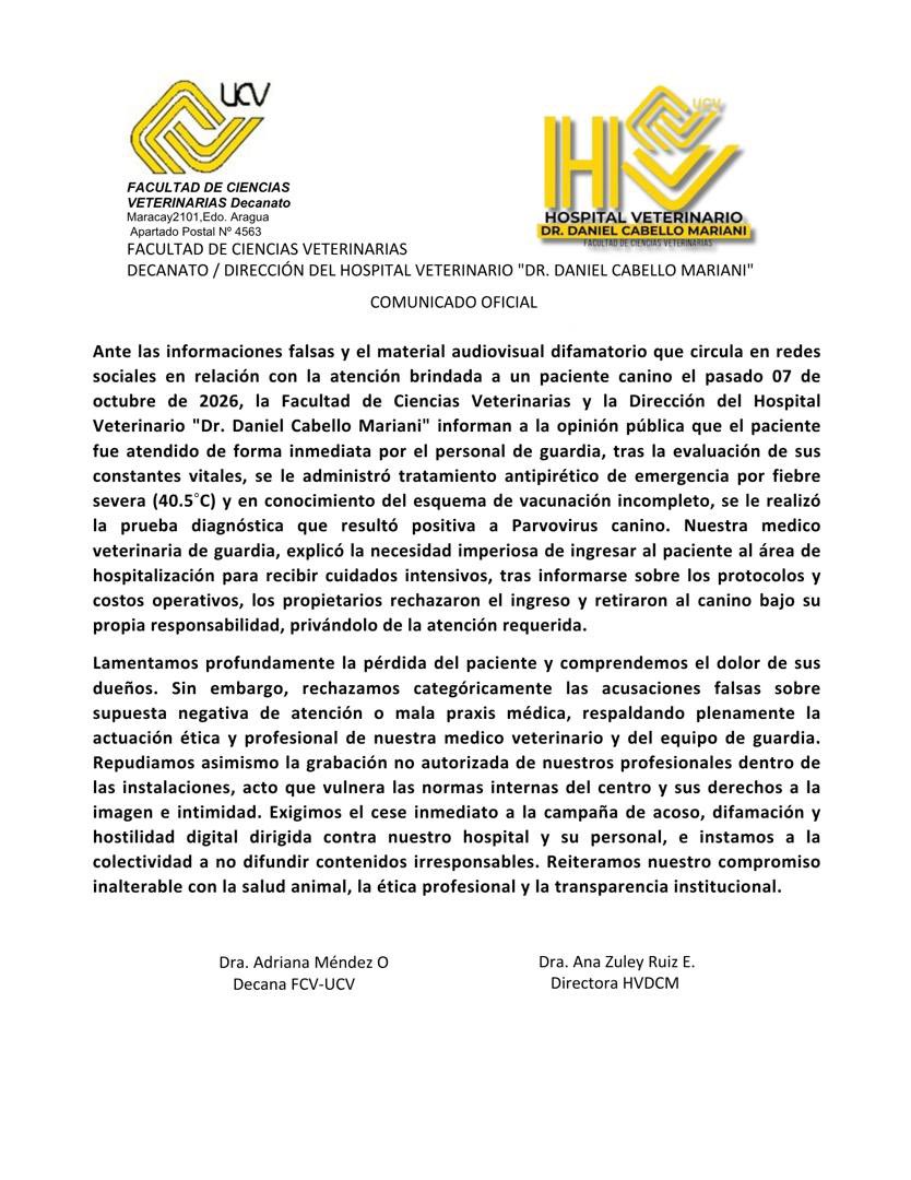 VivaLaUCV's tweet photo. Ante las informaciones falsas y el material audiovisual difamatorio que circula en redes sociales en relación con la atención brindada a un paciente canino el pasado #7Oct, la Facultad de @ucvveterinaria y la Dirección del Hospital Veterinario "Dr. Daniel Cabello Mariani" informan a la opinión pública lo siguiente: