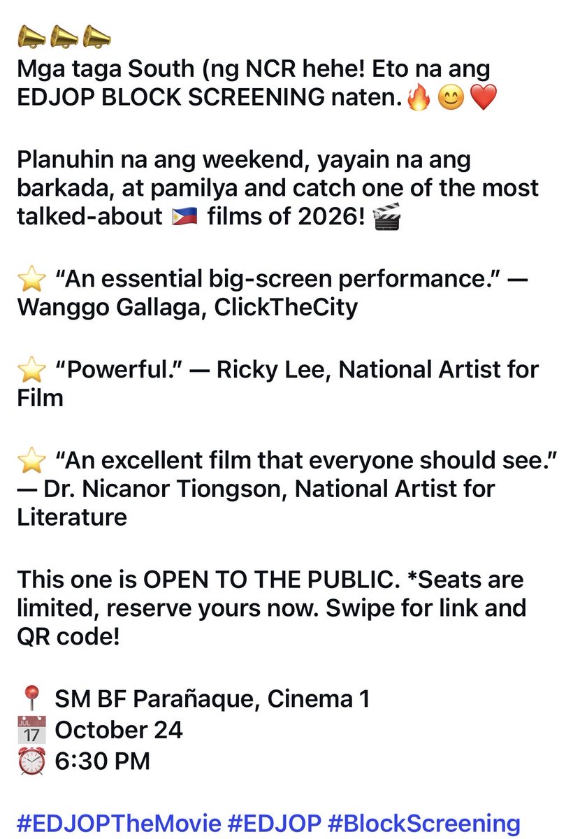 EdjopTheMovie's tweet photo. Some friends organized a block screening in the south! O para sa mga nagrereklamo na laging QC! 😅❤️🔥Heto na sa SM BF Paranaque! Kita tayo! Thank you for supporting EDJOP! We will always remember. ❤️🇵🇭 https://t.co/jzooYneTjN