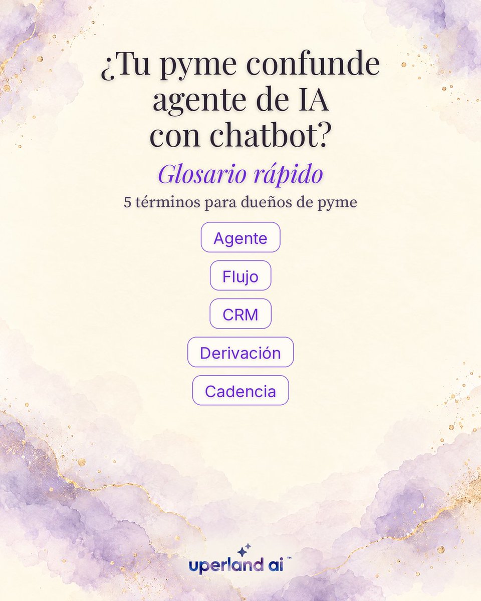 lsotoreyes's tweet photo. ¿Tu pyme confunde agente de IA con chatbot? Glosario rápido de 5 términos.

Agente · Flujo · CRM · Derivación · Cadencia

Guárdalo. DM para demo 15 min.

#UperlandAI #AgentesDeIA #Pyme https://t.co/5FTMdaoMHZ
