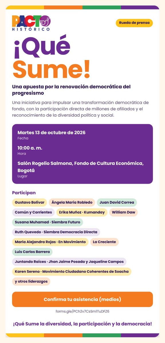 angelamrobledo's tweet photo. Invitad@s a participar en esta propuesta con organizaciones y colectivos progresistas que desean aportar a la democratización del @PactoCol
#QueSume https://t.co/Ok7OptN7pG