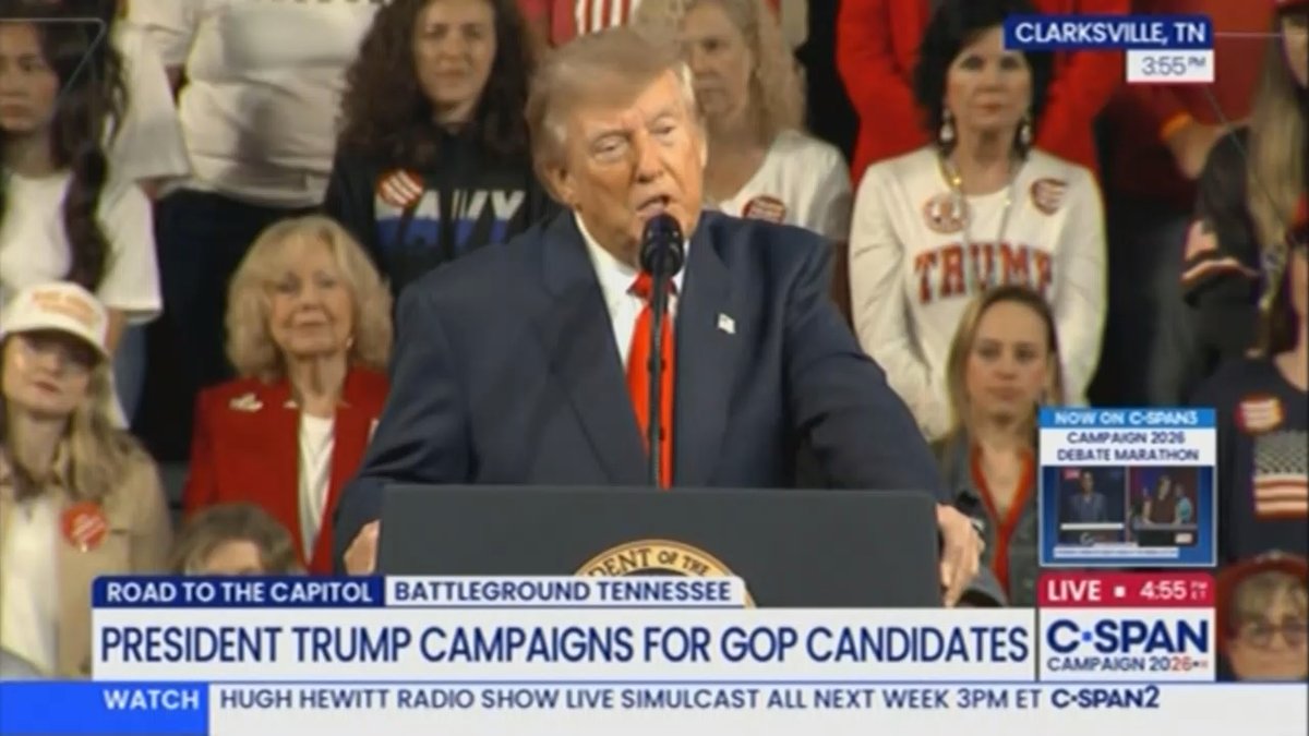A C-SPAN broadcast screenshot showing President Donald Trump speaking at a podium in Clarksville, TN, with the chyron reading 'ROAD TO THE CAPITOL - BATTLEGROUND TENNESSEE - PRESIDENT TRUMP CAMPAIGNS FOR GOP CANDIDATES'.