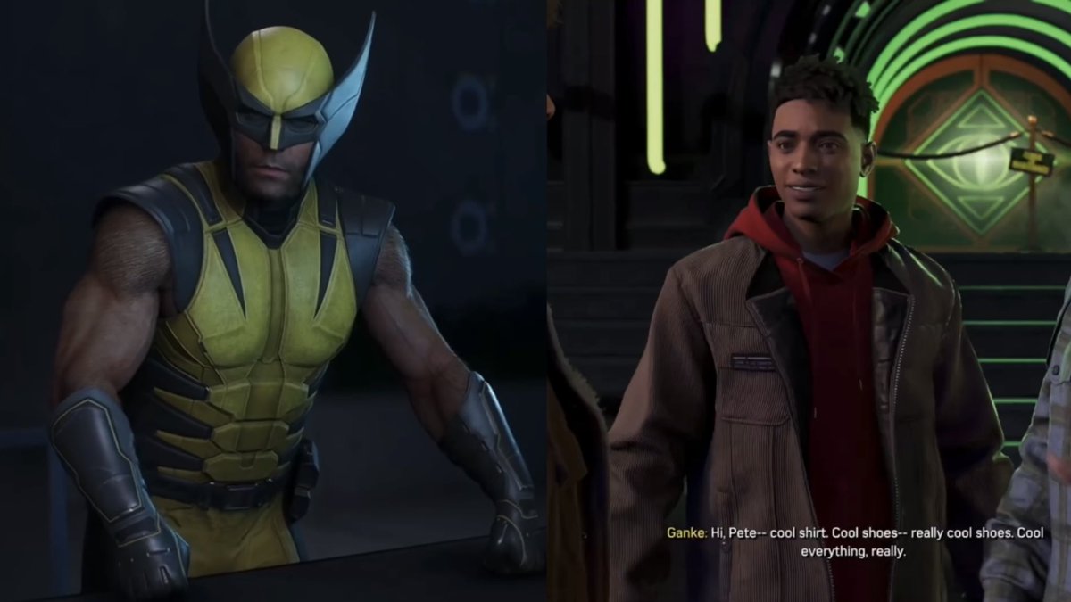 A split screenshot from a video game showing Wolverine in his yellow and blue costume on the left and a character named Ganke on the right, with subtitle text reading 'Ganke: Hi, Pete-- cool shirt. Cool shoes-- really cool shoes. Cool everything, really.'