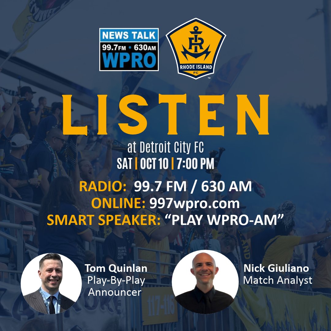 wpro's tweet photo. 🚨We’ve got your radio call for @RhodeIslandFC at Detroit City FC with kickoff at 7pm⚽️

Play by Play🎙️ @TommyQuinlan_IV 
Match Analyst🎙️ @nickonair_ 

Radio: 99.7FM/630AM
Online: https://t.co/9DRYpzEk36
Smart Speaker: “Play WPRO AM”

#RIFC https://t.co/hG34gxoQQY