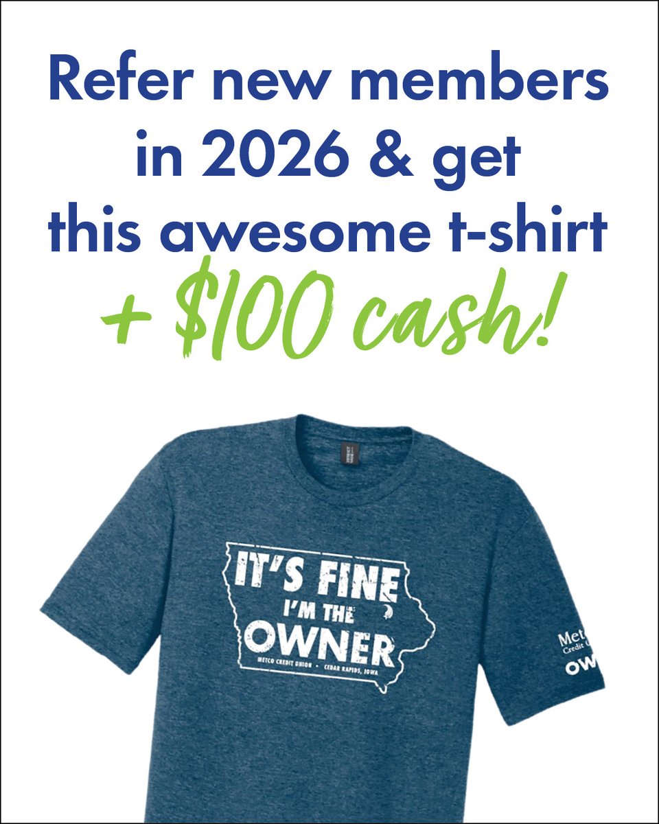 MetcoCU's tweet photo. Know someone who should be a Metco member? Refer them and get rewarded! 💰
👕 1 new member referral = a stylish Metco tee
💵 4 more referrals = $100 CASH
💸 Every 5 additional referrals = another $100!
The more you share, the more you earn. 🙌
👉 https://t.co/mnmYMVfmPB https://t.co/RoeFGFxK8I