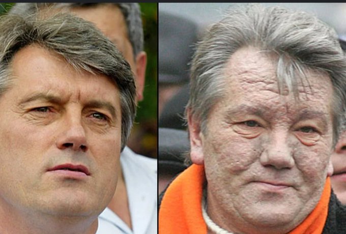 A side-by-side comparison photo showing two men with similar facial features; the left image shows a younger man and the right shows an older man with weathered skin wearing an orange collar.