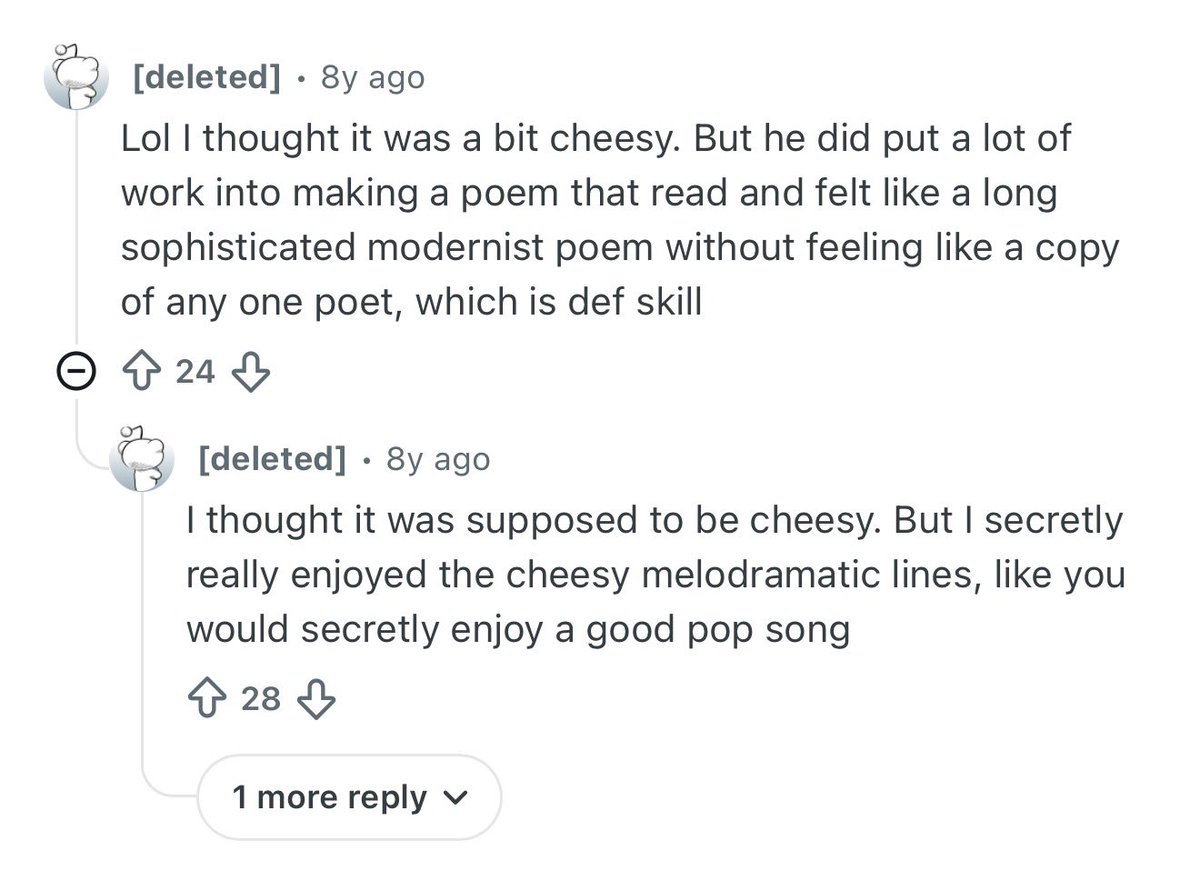 pensandpoison's tweet photo. If you go on Reddit, you’ll find people calling Nabokov’s brilliant poem in Pale Fire corny, “cheesy,” and “melodramatic.” Meanwhile, these same sorts of people tend to praise minimalist Anne Carson poems. 

Why is this? As a society, we’ve become so allergic to emotion and sincerity—especially in certain “highbrow” literary circles—that we’ve forgotten that literature is supposed to contain an outpouring of emotion. 

Literature is supposed to make us feel something. It’s time we remembered that and abandoned the robotic minimalist slop.