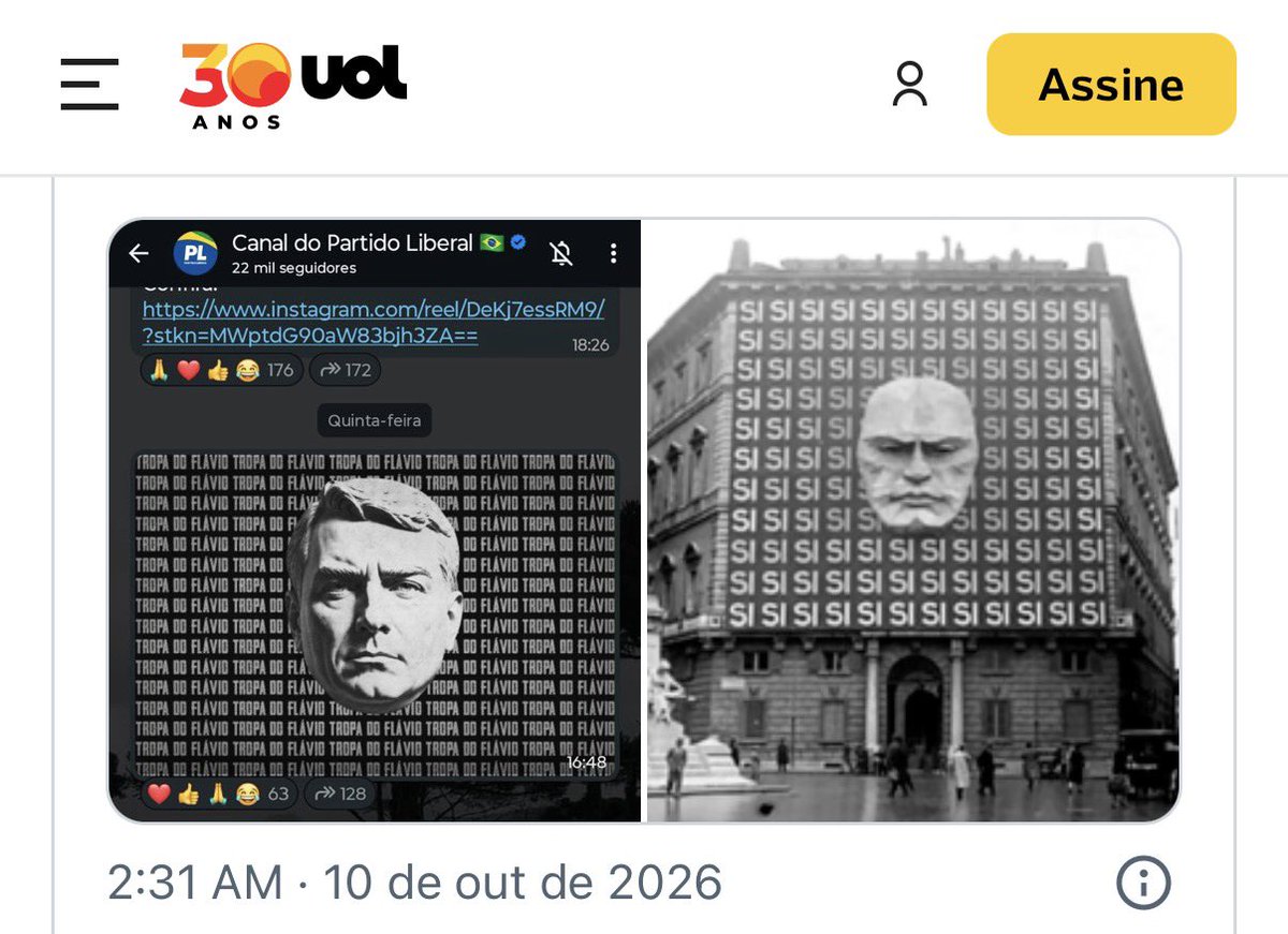 antoniotabet's tweet photo. Não sei o que é pior. Revelar os impulsos fascistas depois da eleição como o pai, ou antes da eleição como o filho…

“Grupo do PL no WhatsApp publica imagem de Flávio com referência a Mussolini” https://t.co/GPNyQk7oID via @UOLNoticias @UOL https://t.co/O2CbgNNtqR
