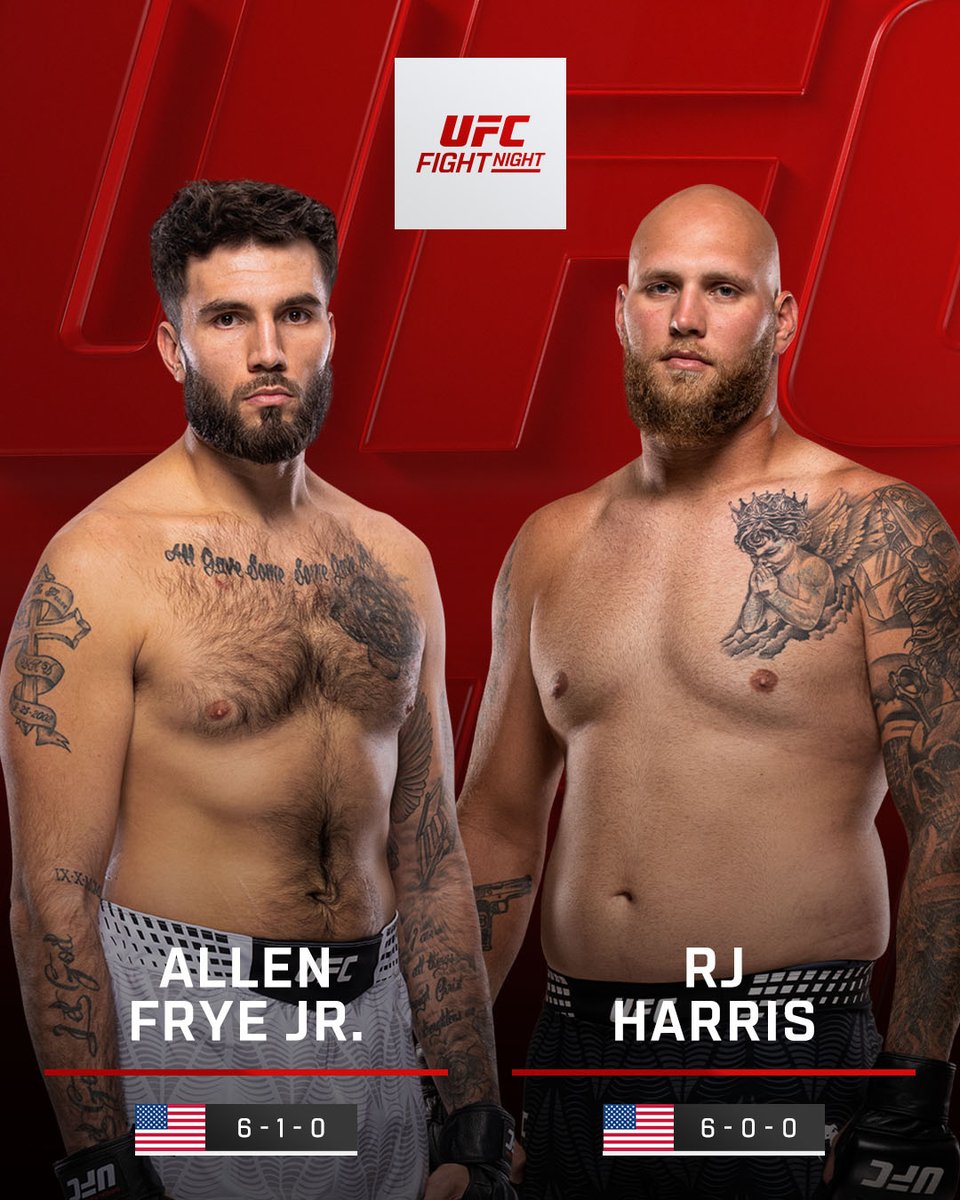 HEAVYWEIGHTS READY TO GO 😤

Allen Frye Jr. vs RJ Harris

[ #UFCVegas122 | LIVE NOW on @​ParamountPlus ] 
 [📷](https://pbs.twimg.com/media/HUTRPsNbEAALCBZ.jpg)