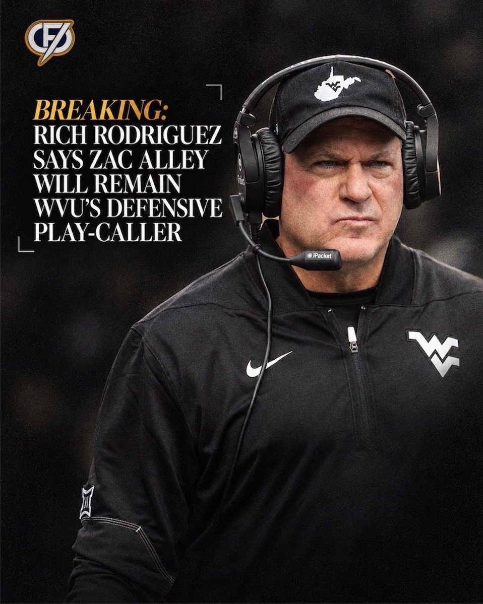 RealSportsStat's tweet photo. 🚨 BREAKING: RICH RODRIGUEZ SAYS ZAC ALLEY WILL REMAIN WVU’S DEFENSIVE PLAY-CALLER

October 10, 2026 | Postgame Coaching Update

West Virginia’s defense got torched 52–31 by Arizona, but Rich Rodriguez isn’t pulling the plug on Zac Alley’s play-calling just yet.
Asked about a change, Rod said: “No. Fair question. Not at this point.”
Alley even moved to the booth for the game — it didn’t help. Big staff talks on the defensive issues set for Sunday.

Source: On3/WVSports

Thoughts on RR’s decision?
