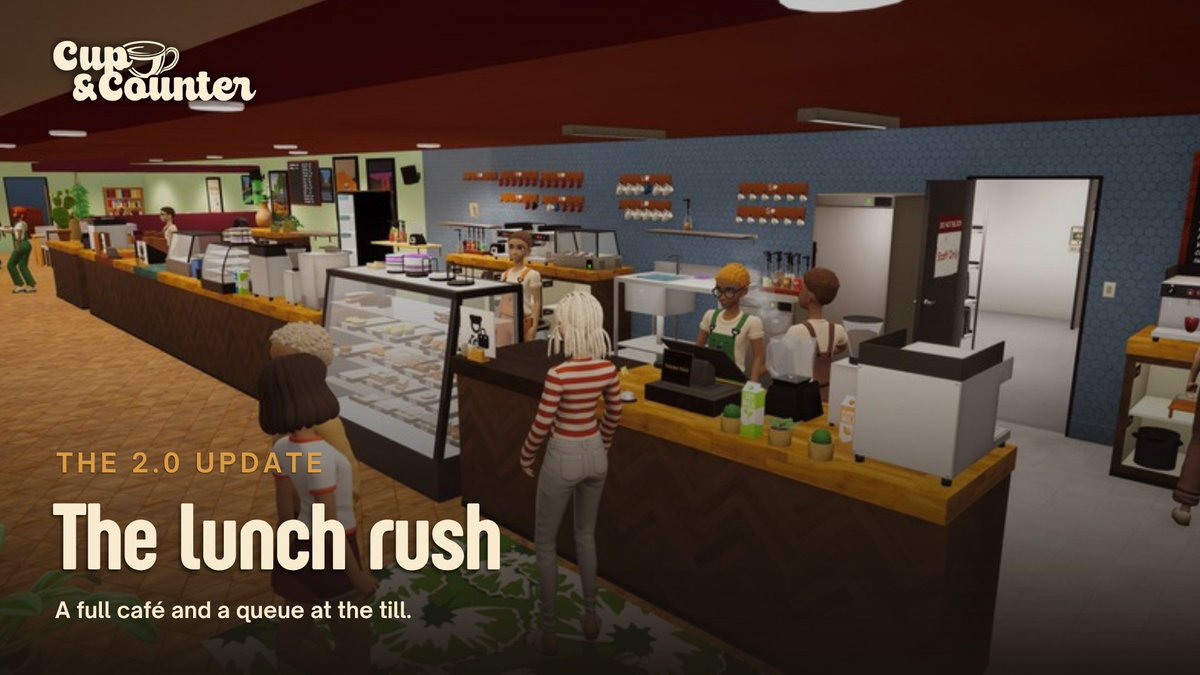 LittleBigByte's tweet photo. A full café and a queue at the till. How do you handle the lunch rush?
#CupAndCounter #gamedev https://t.co/W5qPKaqyXy