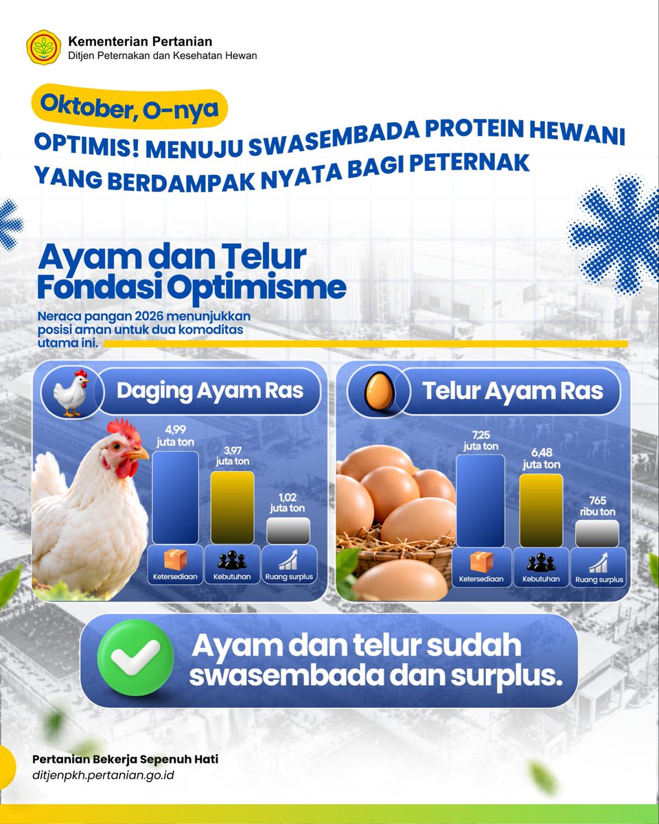 ditjen_pkh's tweet photo. #SobatTernak, Oktober, O-nya apa? Optimis!
Optimis menuju swasembada protein hewani! Pasokan ayam dan telur sudah surplus, sementara penguatan produksi daging sapi dan susu terus didorong melalui peningkatan produktivitas, investasi, dan hilirisasi.
Yuk, Sobat Ternak, simak infografis berikut untuk mengetahui langkah menuju swasembada protein hewani !
#KementanRI #DukungPeternakLokal #SwasembadaPangan #swasembadaprotein