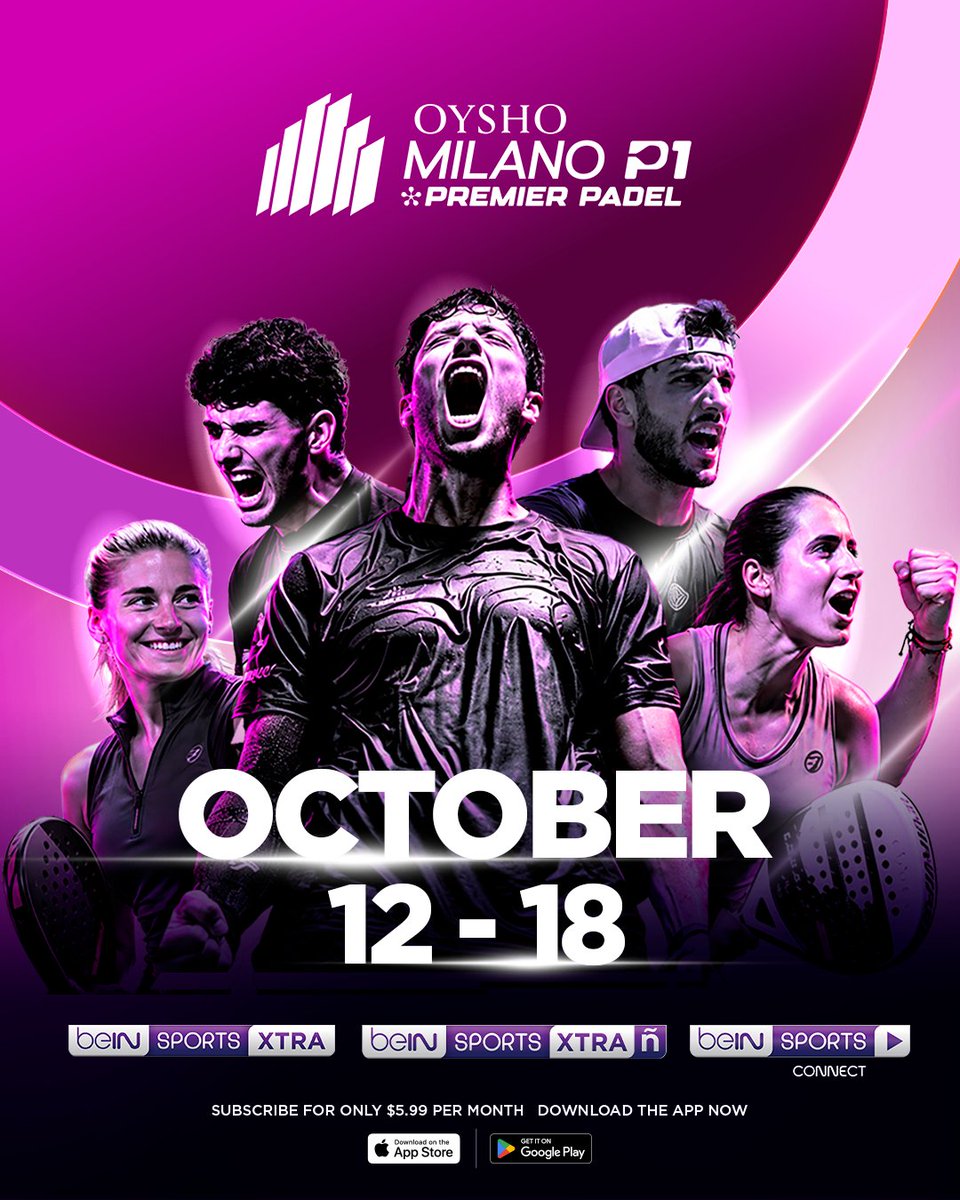 ESbeINSPORTS's tweet photo. 🎾 ¡LAS GRANDES ESTRELLAS DEL PÁDEL MUNDIAL LLEGAN A MILÁN! 🇮🇹

🤩 Prepárate para una semana de pádel de primer nivel. ¡No te pierdas el Premier Padel Milan P1, del 12 al 18 de octubre!

📺 Disponible en beIN SPORTS CONNECT, beIN SPORTS XTRA y XTRA Ñ.

📲 ¡Suscríbete por solo $5.99 al mes y descarga la app ahora!

#beINSPORTS #PremierPadel #MilanoP1