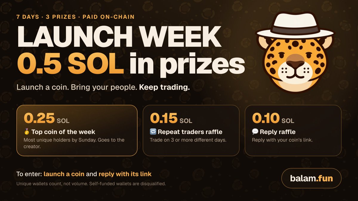 BalamFun's tweet photo. 🐆 BALAM LAUNCH WEEK: 0.5 SOL in prizes

🥇 0.25 SOL → coin with the most unique holders by Sunday
🔁 0.15 SOL → raffle: wallets that trade on 3+ different days
💬 0.10 SOL → raffle: replies to this post

How to enter:
1. Launch a coin on https://t.co/7ZZCTJuyir for free
2. Reply with its link

Winners paid on-chain. Signatures posted.