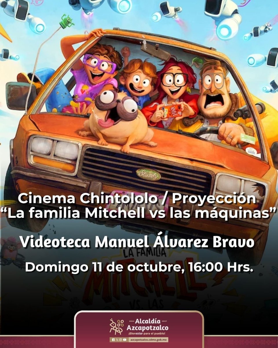 AzcapotzalcoMx's tweet photo. 🍿 ¡Prepara las palomitas y disfruta el domingo en Cinema Chintololo!

Invita a tu familia y ven a pasar una tarde de cine con La familia Mitchell vs. las máquinas, una divertida aventura para compartir con niñas, niños y grandes.

📅 Domingo 11 de octubre
🕓 16:00 h
📍 Videoteca Manuel Álvarez Bravo

¡Nos vemos en el cine! 🎬❤️

#Azcapotzalco #CinemaChintololo
