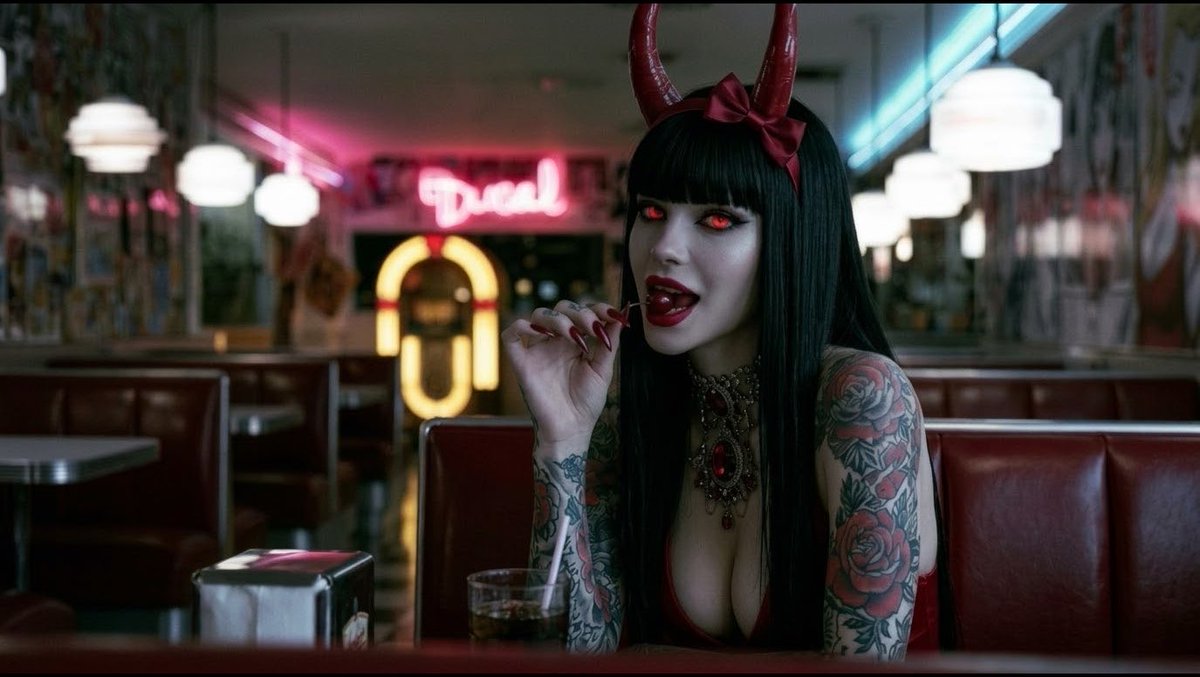 A gothic-styled woman with red horns, glowing red eyes, and floral tattoos sits in a diner booth eating a lollipop, with a neon 'Diner' sign in the background.