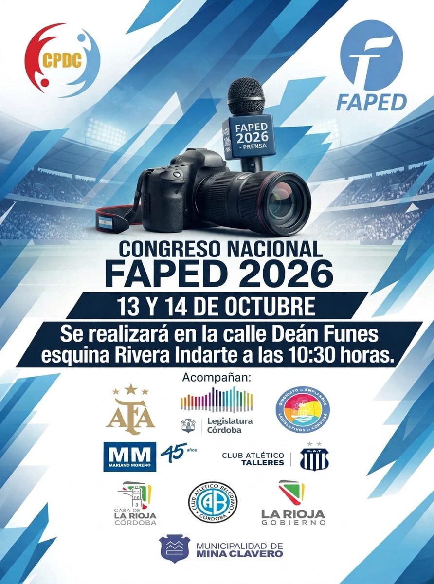 CPDCBA's tweet photo. 📣 ¡CÓRDOBA SE PREPARA PARA SER LA CAPITAL DEL PERIODISMO DEPORTIVO! 🎙️🇦🇷

Como anfitriones, desde el Círculo de Periodistas Deportivos de Córdoba estamos orgullosos de recibir el Congreso Nacional FAPED 2026.

 https://t.co/kOg9BssGOc https://t.co/JWSFwCRr6b