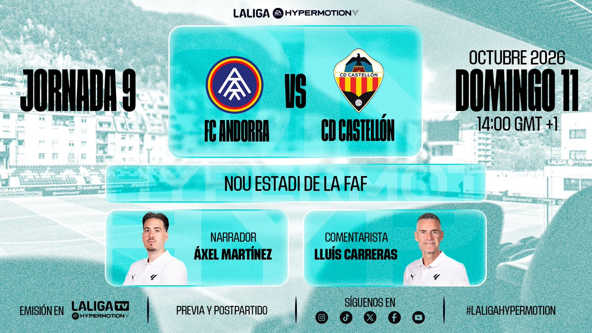 LaLiga2's tweet photo. ⚔️ @fcandorra y @CDCastellon abren la jornada dominical de #LALIGAHYPERMOTION.

🤔 ¿Cómo quedará el #AndorraCastellón?

🎙️ @AxeeL 
🎙️ @lluiscarreras7 

 #LALIGABroadcasters https://t.co/sxUF8Eys7J