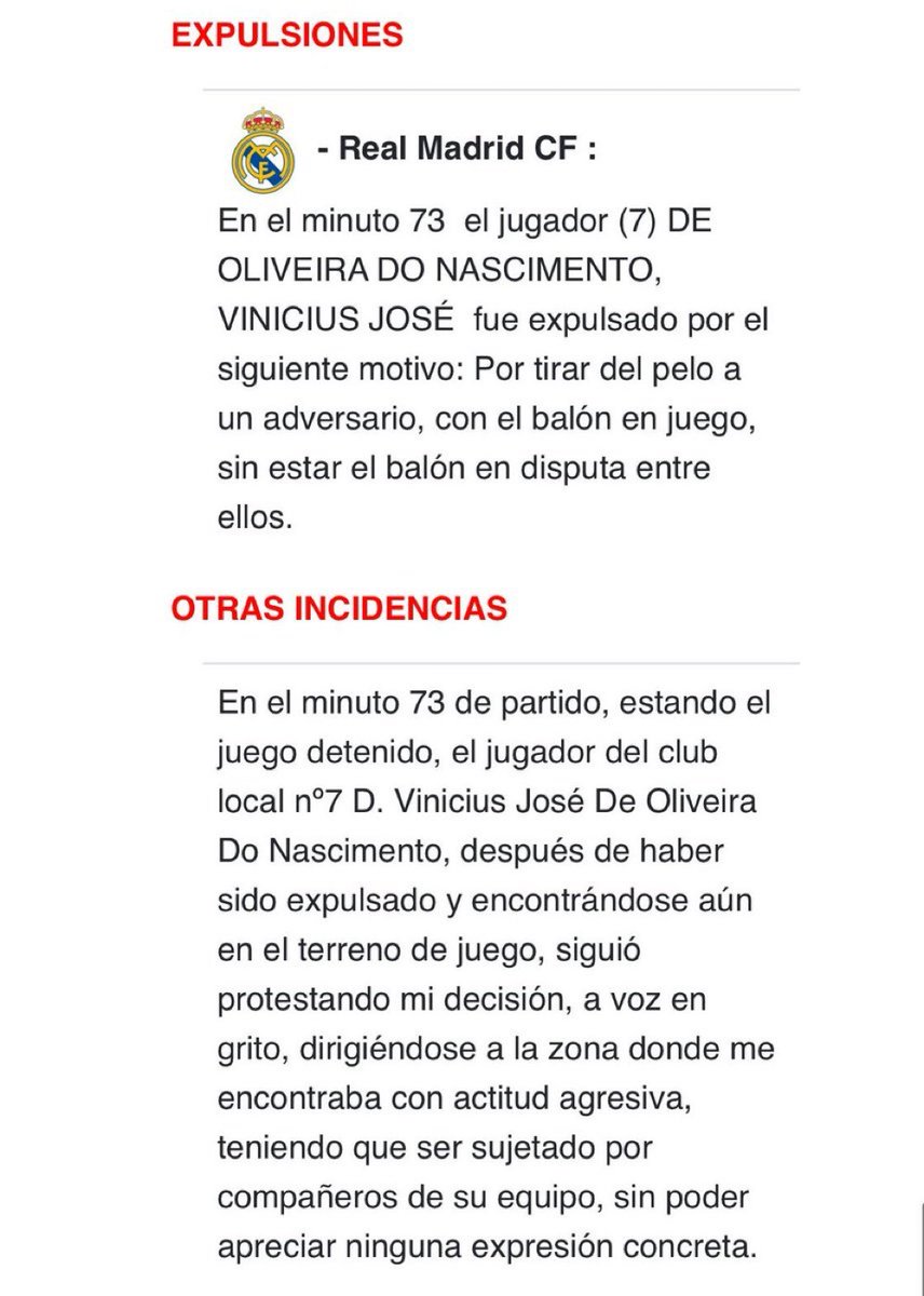 MadridXtra's tweet photo. 🚨💣 BREAKING: The Referee has described Vini Jr.’s behavior as AGGRESSIVE in his match report.

“Vinicius, after having been sent off and still on the pitch, continued protesting my decision, shouting LOUDLY, heading toward the area where I was with an AGGRESSIVE attitude, having to be RESTRAINED by teammates, without being able to understand any specific expression.”