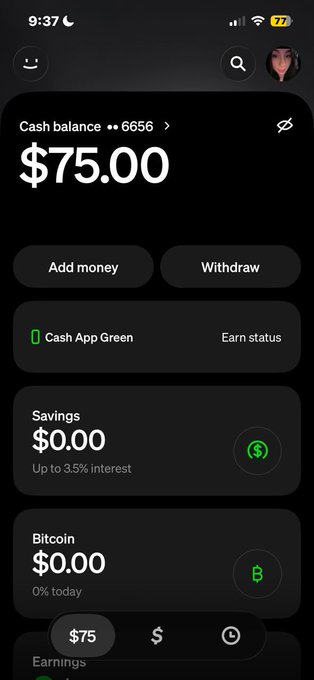 A Cash App mobile interface on a smartphone shows a cash balance of $75.00, along with $0.00 in savings and $0.00 in Bitcoin.