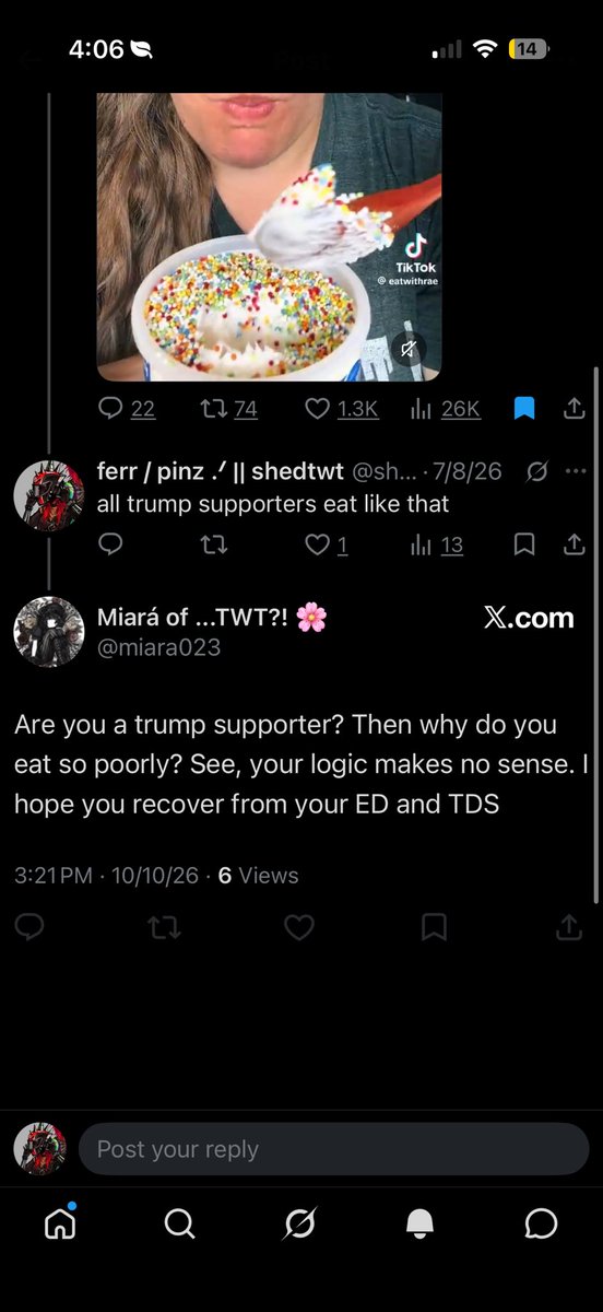 sharpncruel's tweet photo. im dead you can’t just have your replies off and say shit like this
i said that for a reason - because trump is fat and he literally could care less about what americans eat .    and americans who support him eat similarly .      but whatever floats your boat miará https://t.co/hifICzu0BD