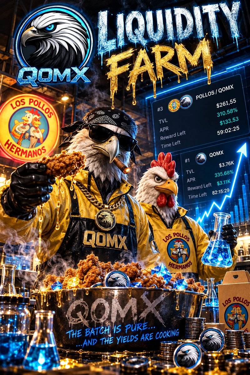 LosPollosBNB's tweet photo. 🚨 THE LAB IS OPEN. 🧪

The recipe is locked. 

The liquidity is flowing. 

The yields are cooking. 🍗
$QOMX × $POLLOS

YEAH, BITCH. WE'RE FARMING. 🦅⚗️

https://t.co/cukK7SyjtT https://t.co/1cTZYf9feC